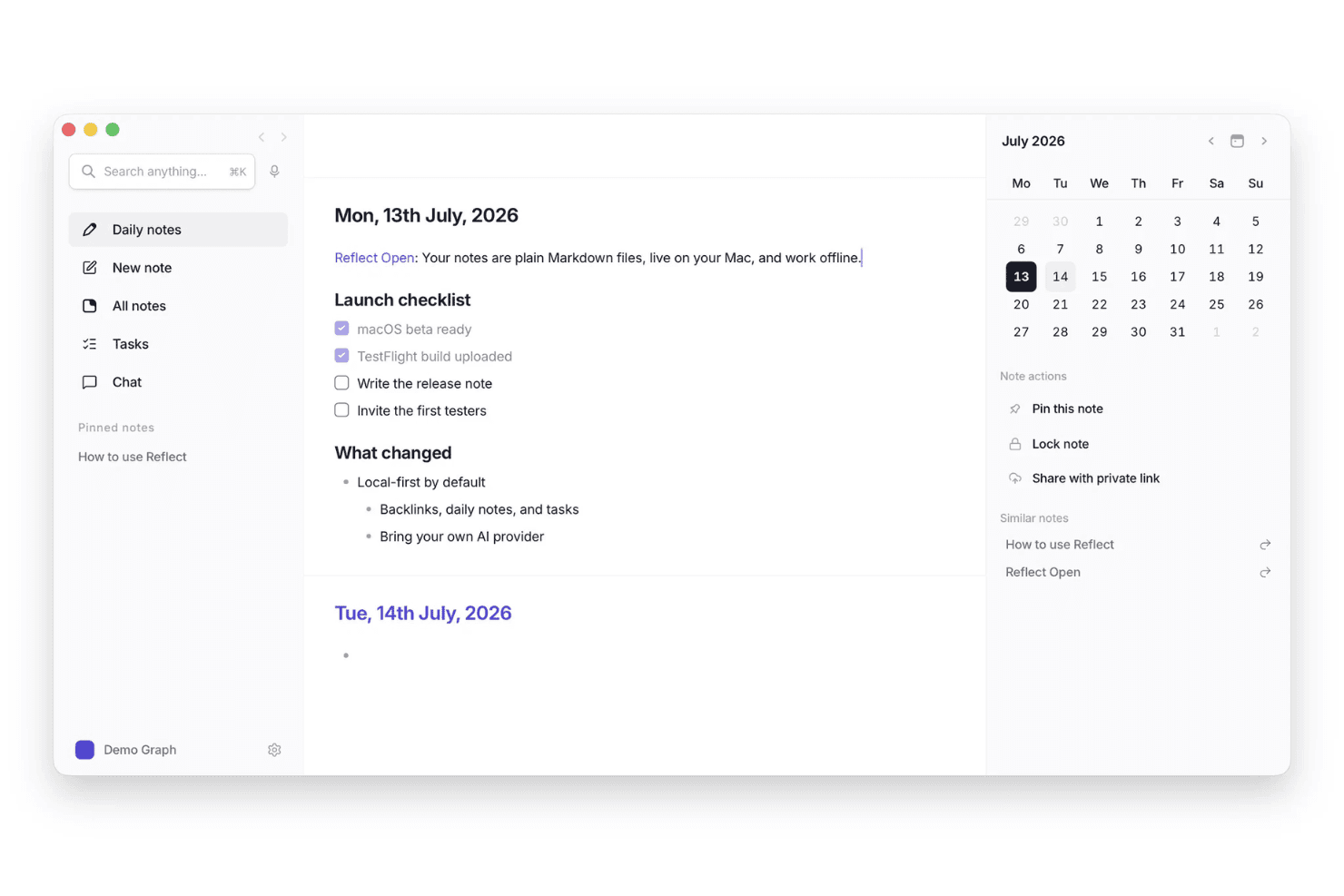 Reflect daily notes workspace showing written ideas, a launch checklist, tasks, related notes, and a calendar.