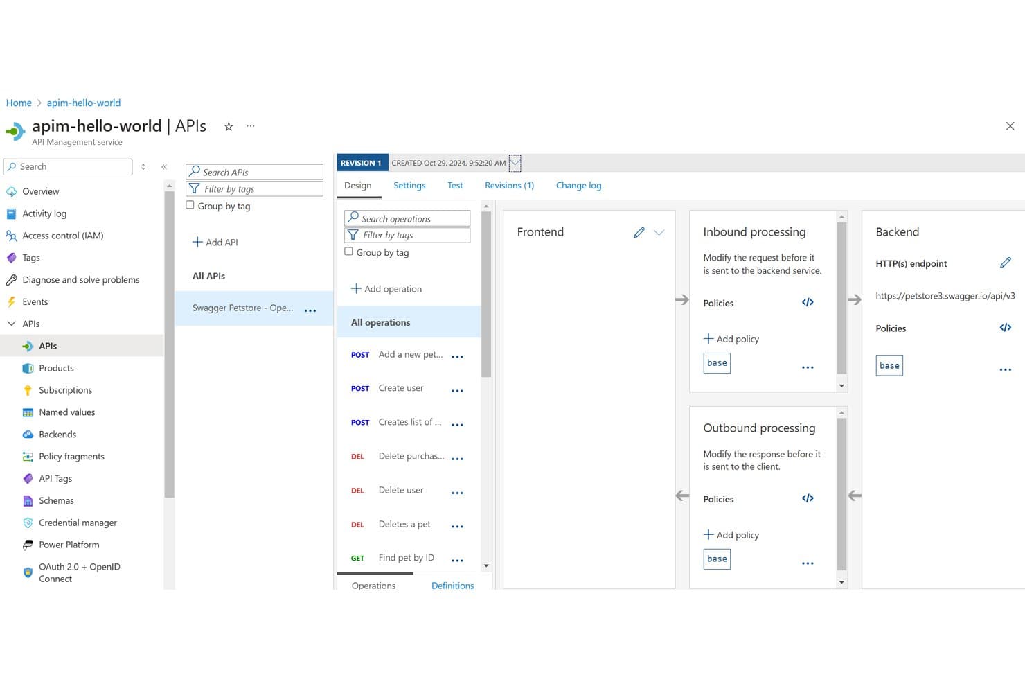 Azure-portaalweergave van een API in Azure API Management met een overzicht van bewerkingen en panelen voor inkomende verwerking, uitgaande verwerking en backendbeleid