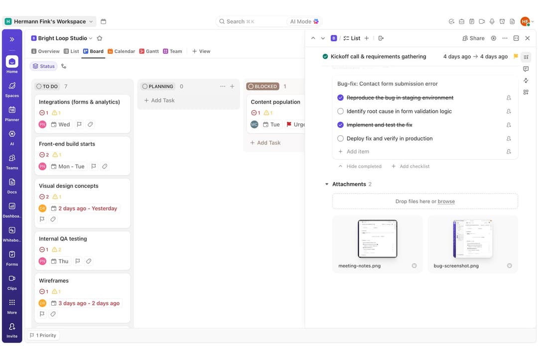 I kept screenshots and other files directly alongside the relevant task.