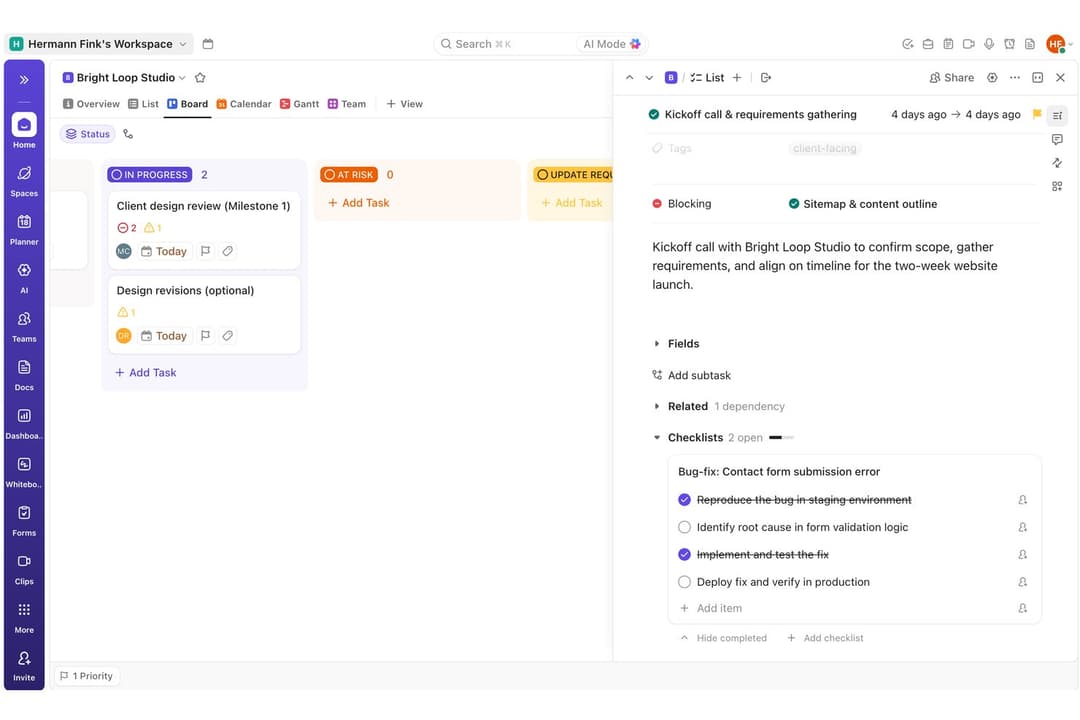 Task checklists helped me track smaller action items without creating subtasks.
