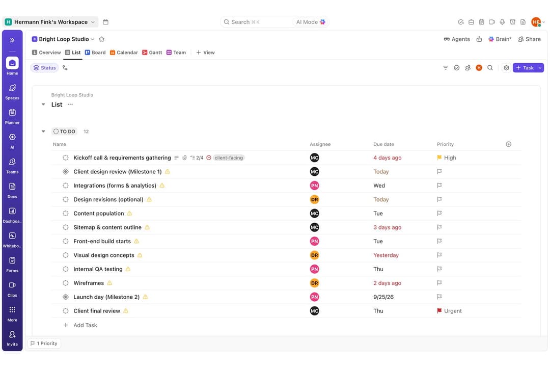 List view let me scan assignments, deadlines, and priorities across tasks.