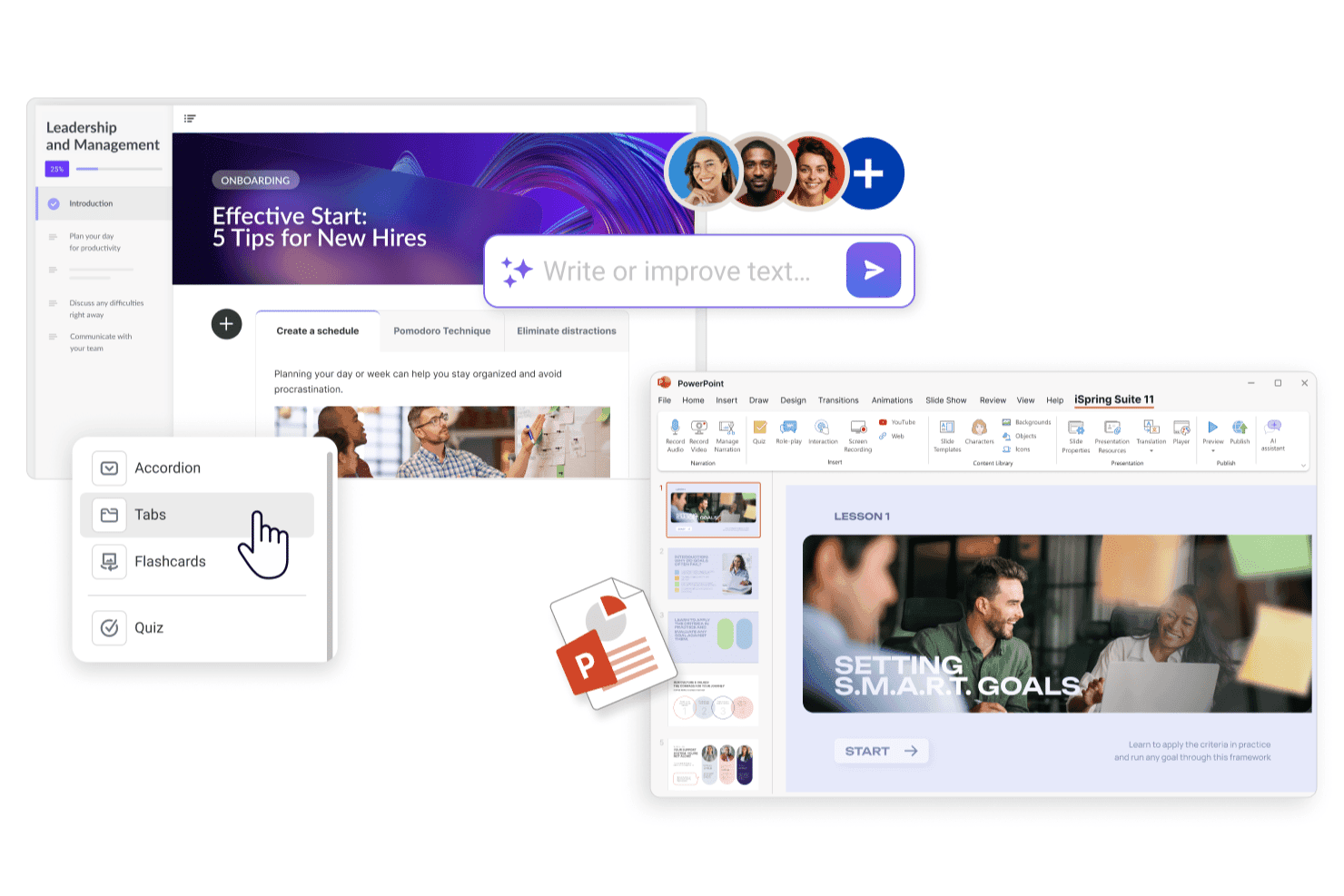 Interface de création de cours iSpring Suite présentant des leçons basées sur PowerPoint, la rédaction assistée par IA, des quiz, des onglets, des cartes mémoire et du contenu de formation interactif.