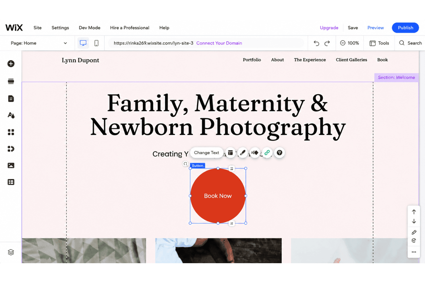 Wix drag-and-drop editor with website design tools.