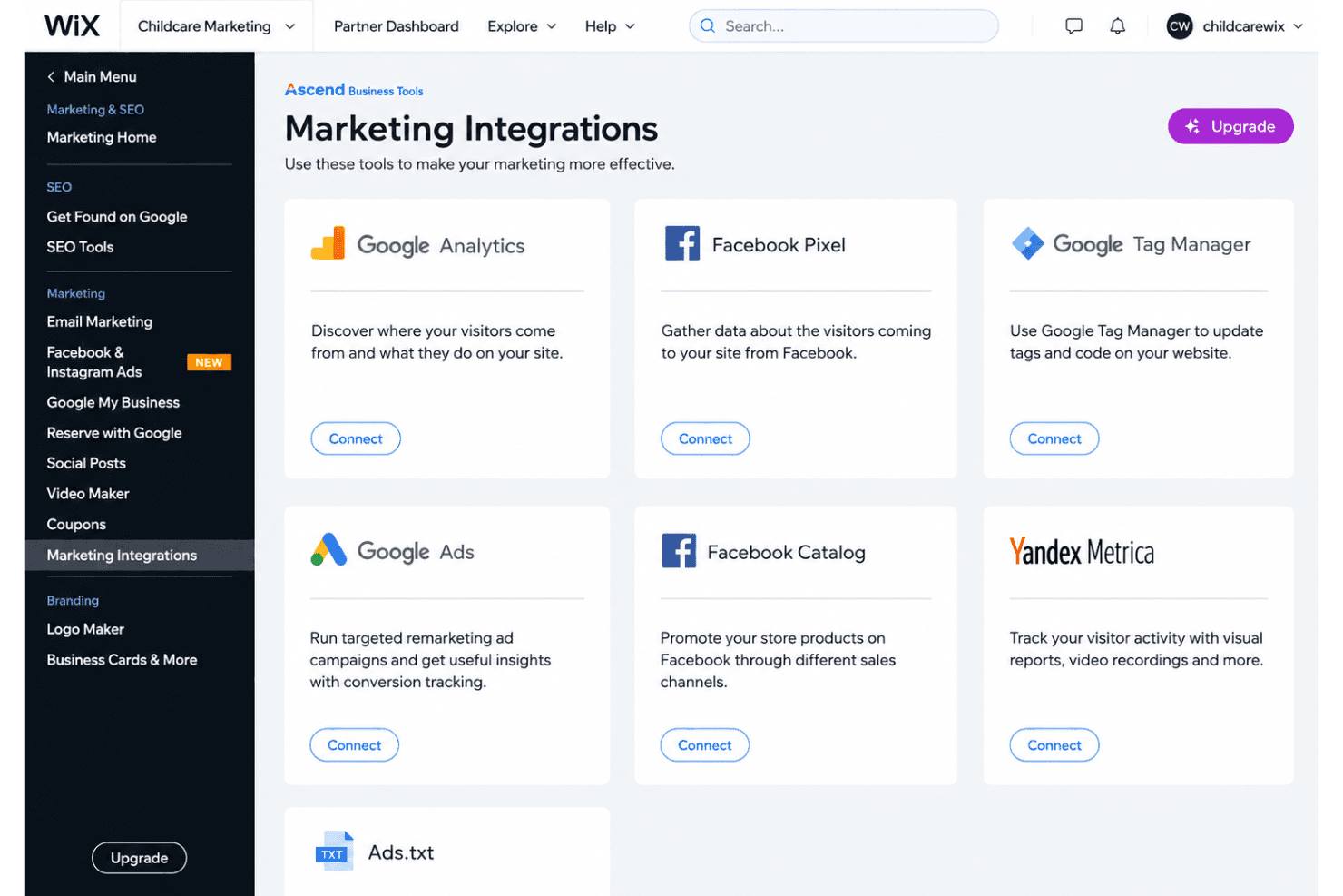 Wix integrations dashboard with apps, APIs, and App Market.