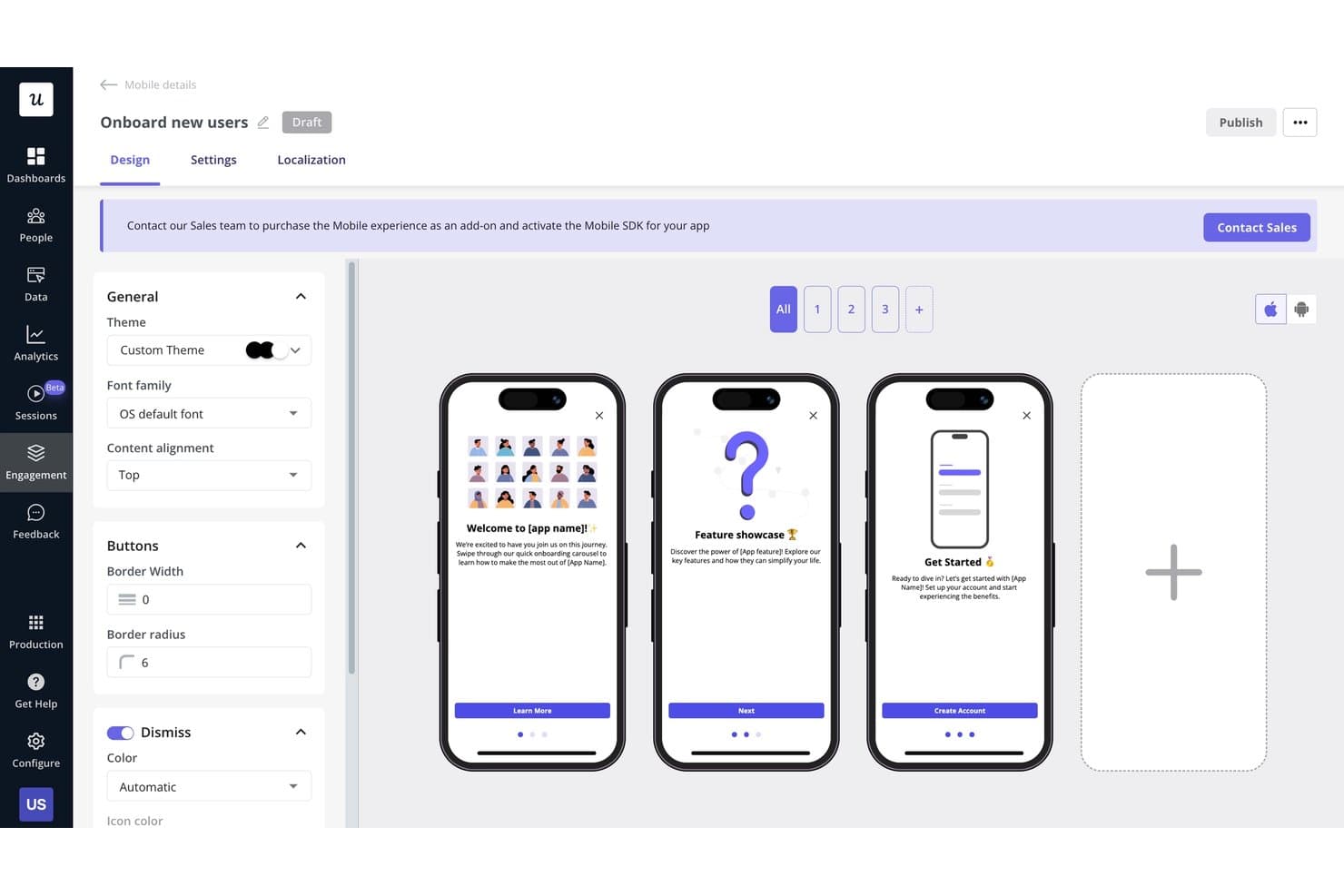Userpilot mobile onboarding flow editor showing three carousel screens in draft mode.