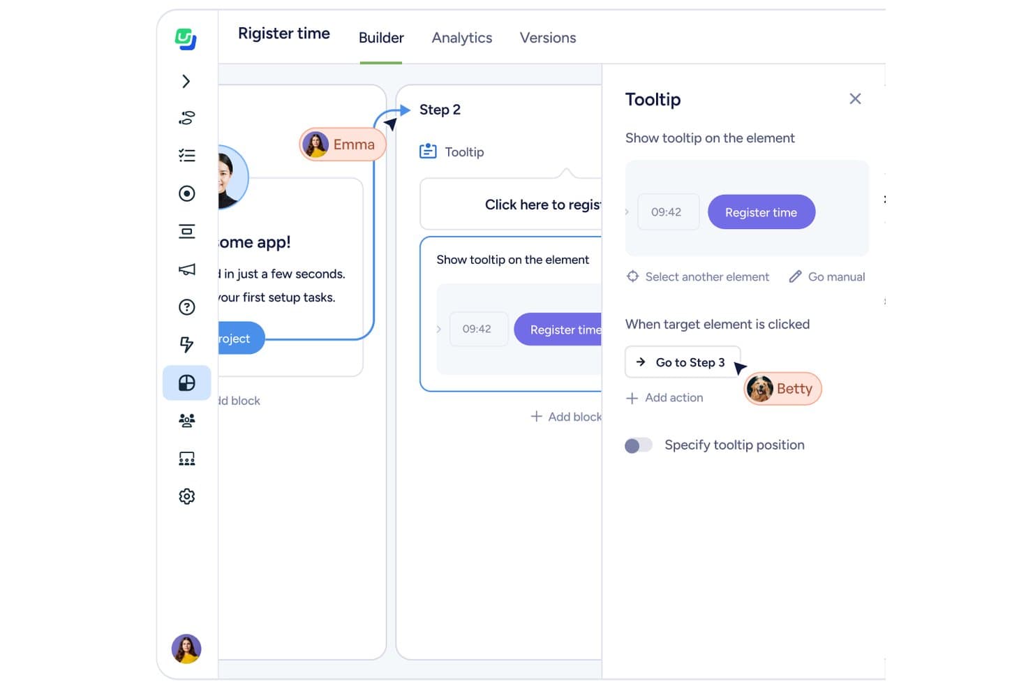 Userflow builder showing a tooltip step with Register time button and Go to Step 3 action.