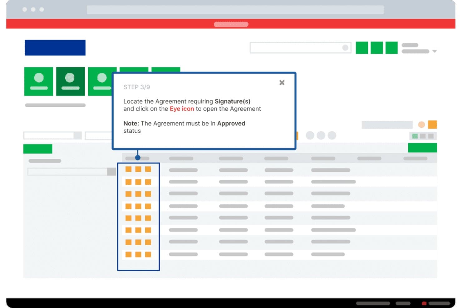 Información sobre herramientas de Whatfix que muestra el paso 3 de 9 para localizar y abrir un acuerdo.