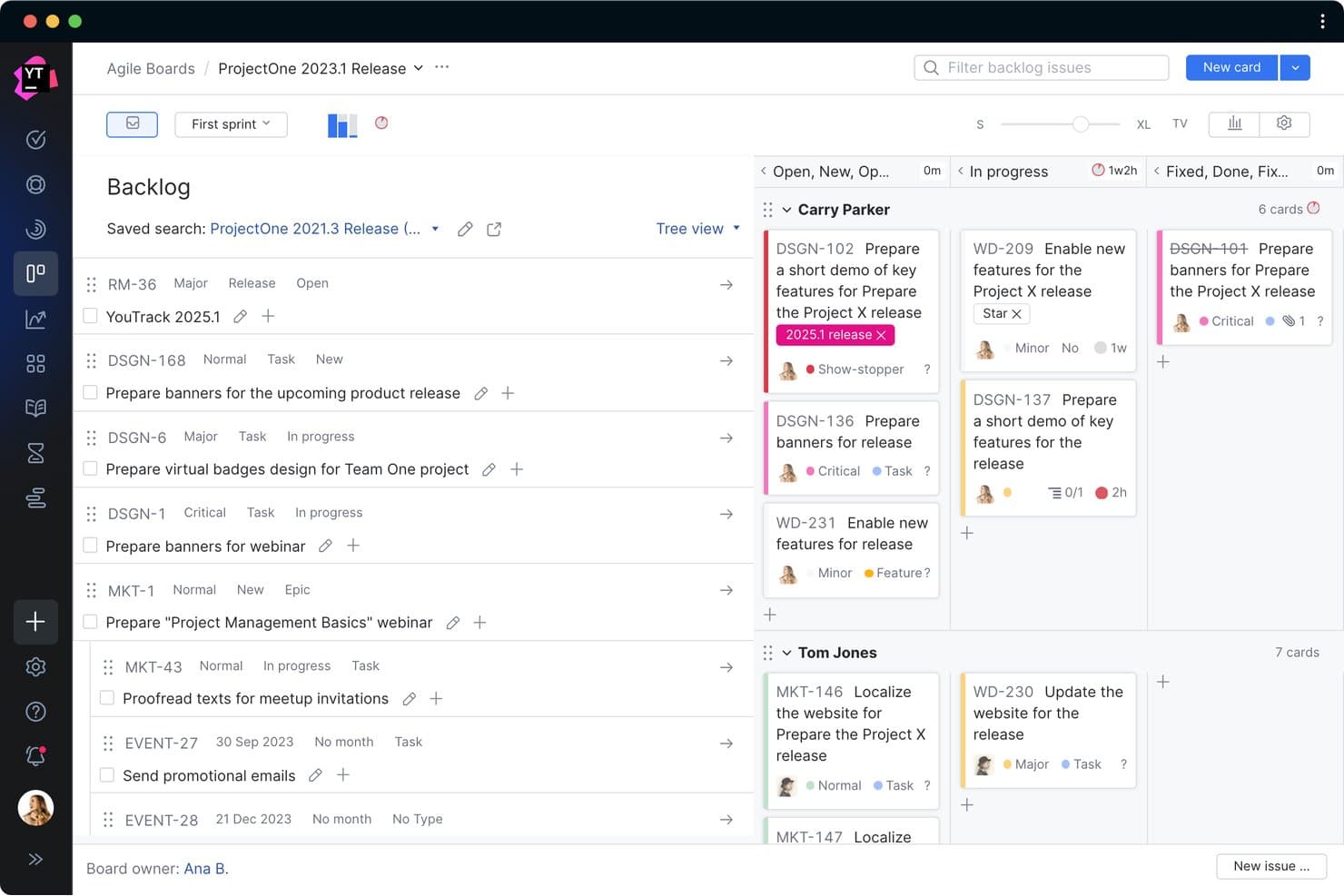 YouTrack agile board showing backlog list and kanban columns with sprint cards.