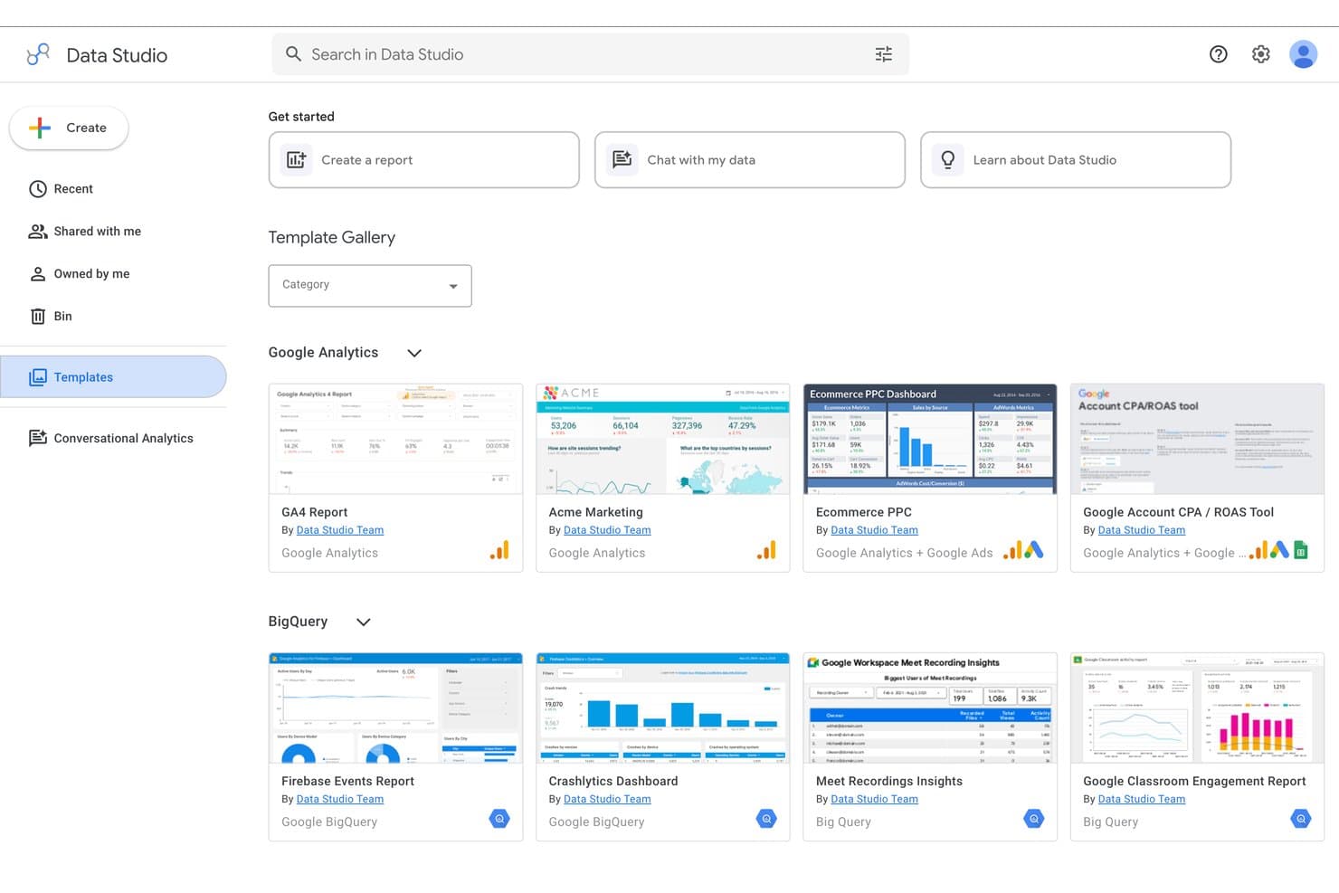 Google Data Studion käyttöliittymä, jossa näkyy analytiikkaraporttien vaihtoehtoja sisältävä malligalleria.