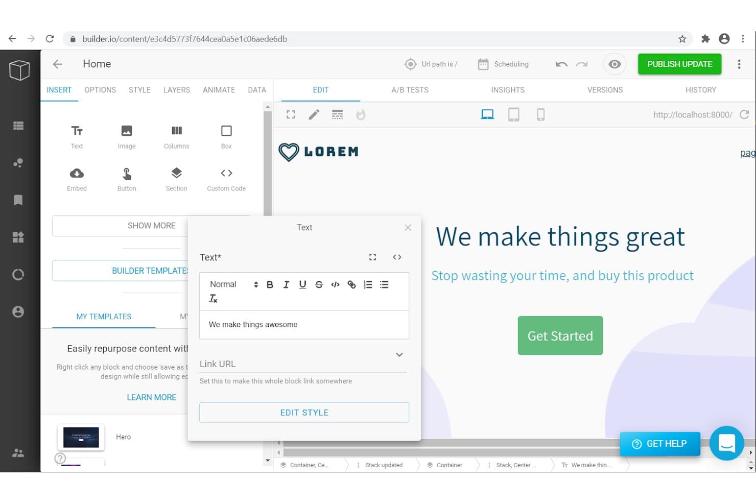 Éditeur Builder.io affichant une boîte de dialogue de bloc de texte avec des outils de mise en forme et un aperçu en direct.