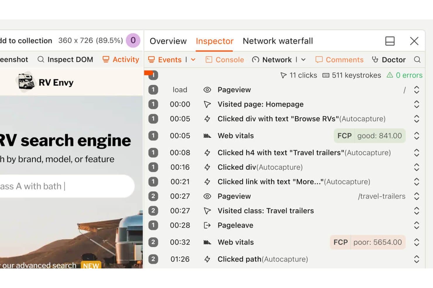 PostHog Inspector panel showing session events, clicks, and web vitals FCP scores.