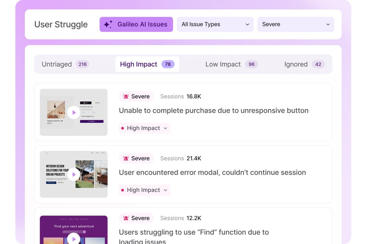 LogRocket User Struggle dashboard showing severe high-impact issues with session counts.