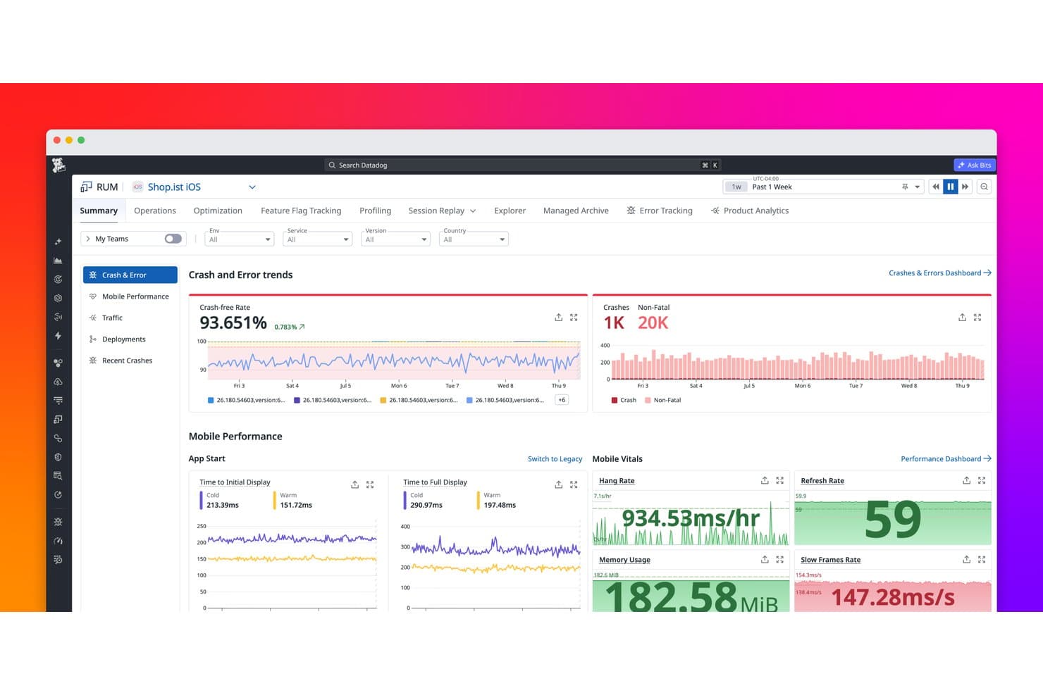 Datadog RUM dashboard showing crash-free rate, error trends, and mobile vitals.