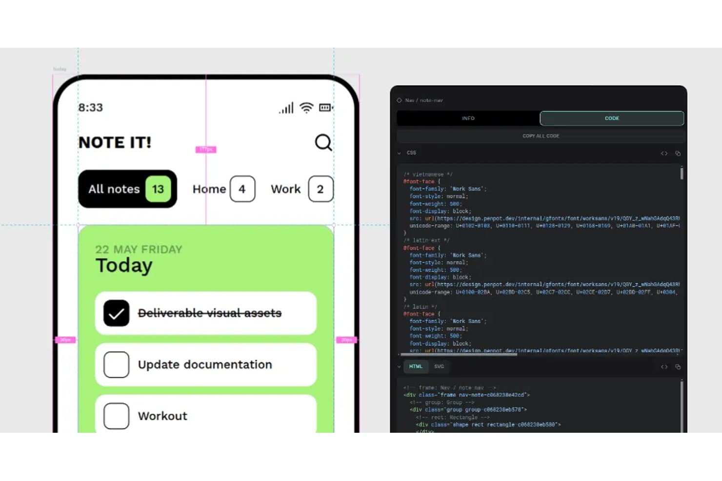 Penpotin käyttöliittymä, jossa mobiilisovelluksen suunnitelma näkyy CSS- ja HTML-koodipaneelin vieressä.