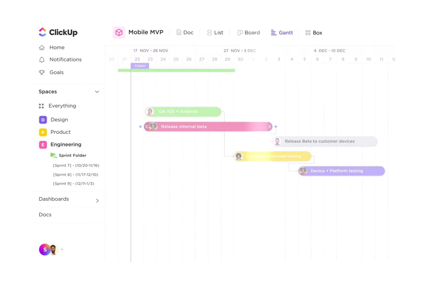ClickUpin Gantt-kaavio, jossa näkyvät mobiili-MVP-sprintin tehtävät marras- ja joulukuun aikana.