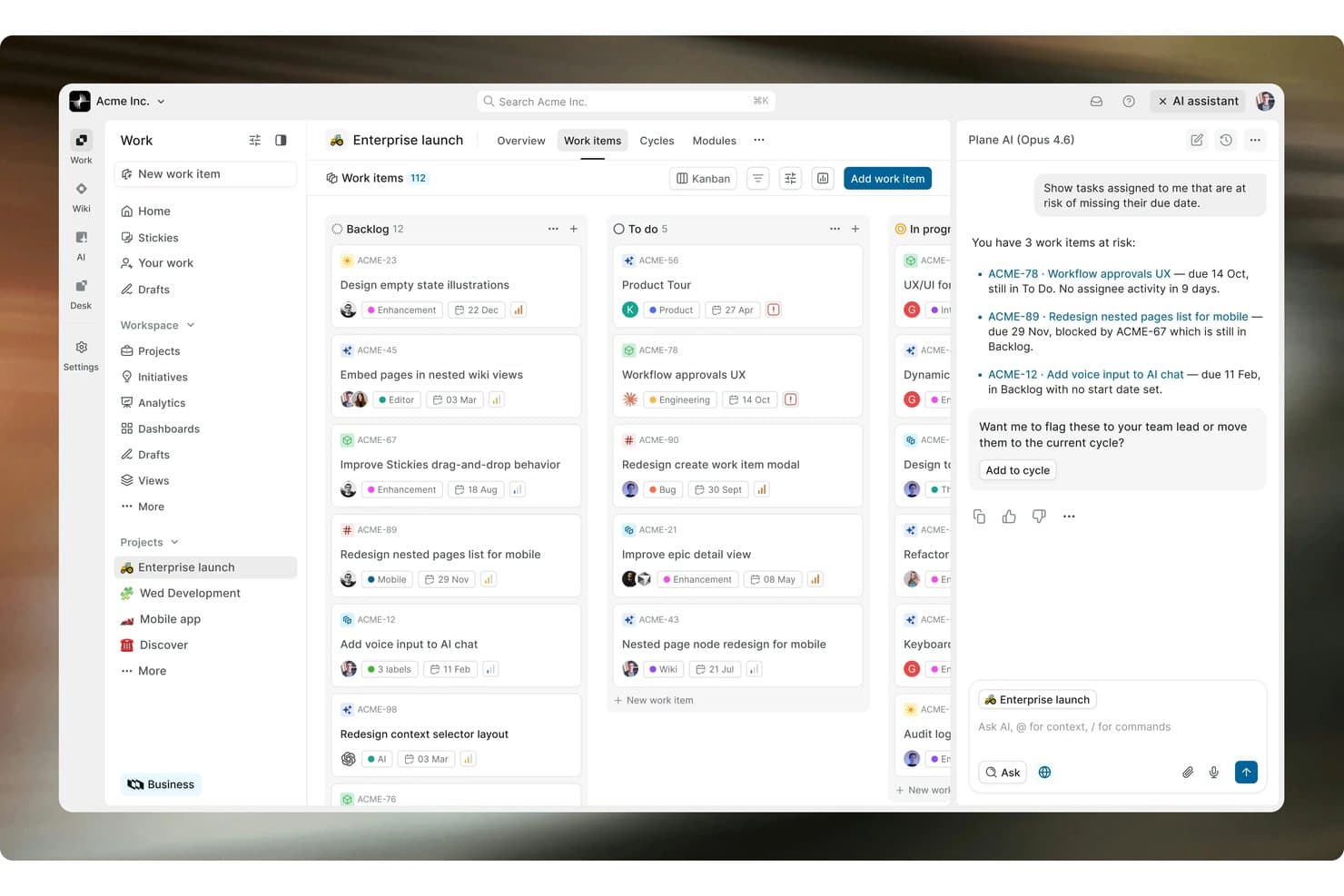 Plane kanban board with AI assistant panel showing three at-risk work items.