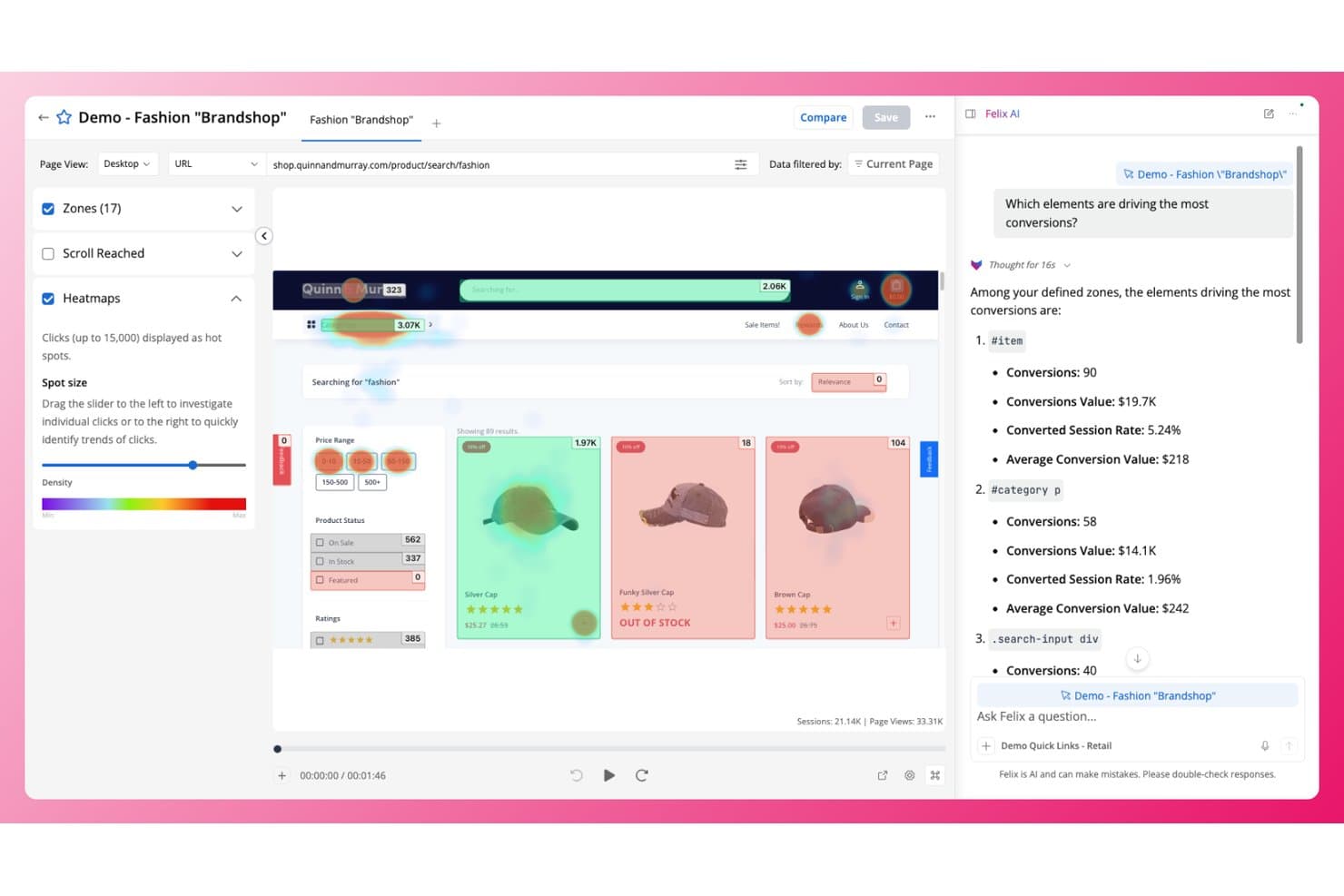 Quantum Metricin lämpökarttanäkymä, jossa näkyvät klikkausalueet ja tekoälypohjaisia konversio-oivalluksia esittävä paneeli.