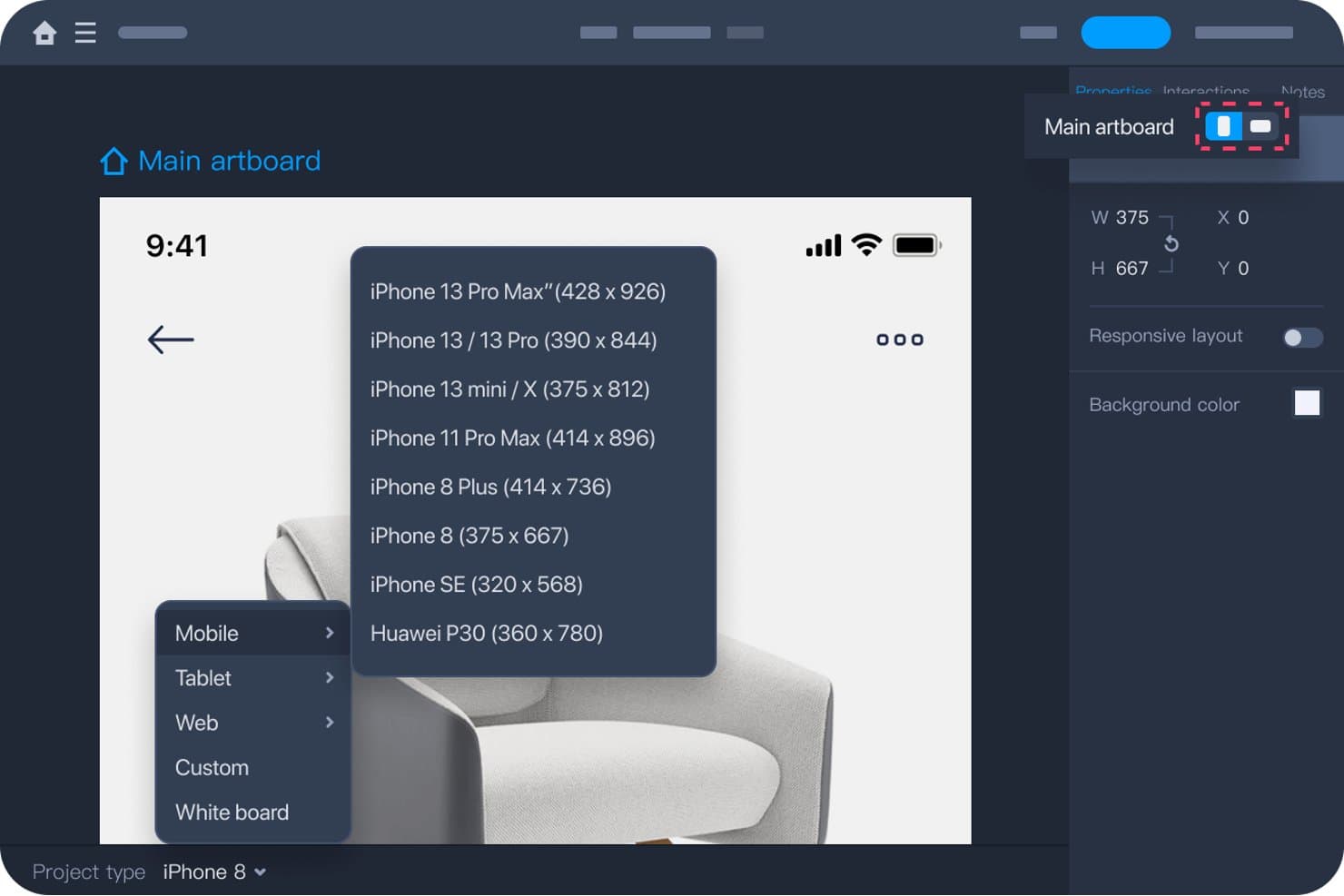 Mockplusin käyttöliittymässä näkyvä mobiililaitteen koon esiasetusten avattava valikko prototypoinnin piirtoalueelle.