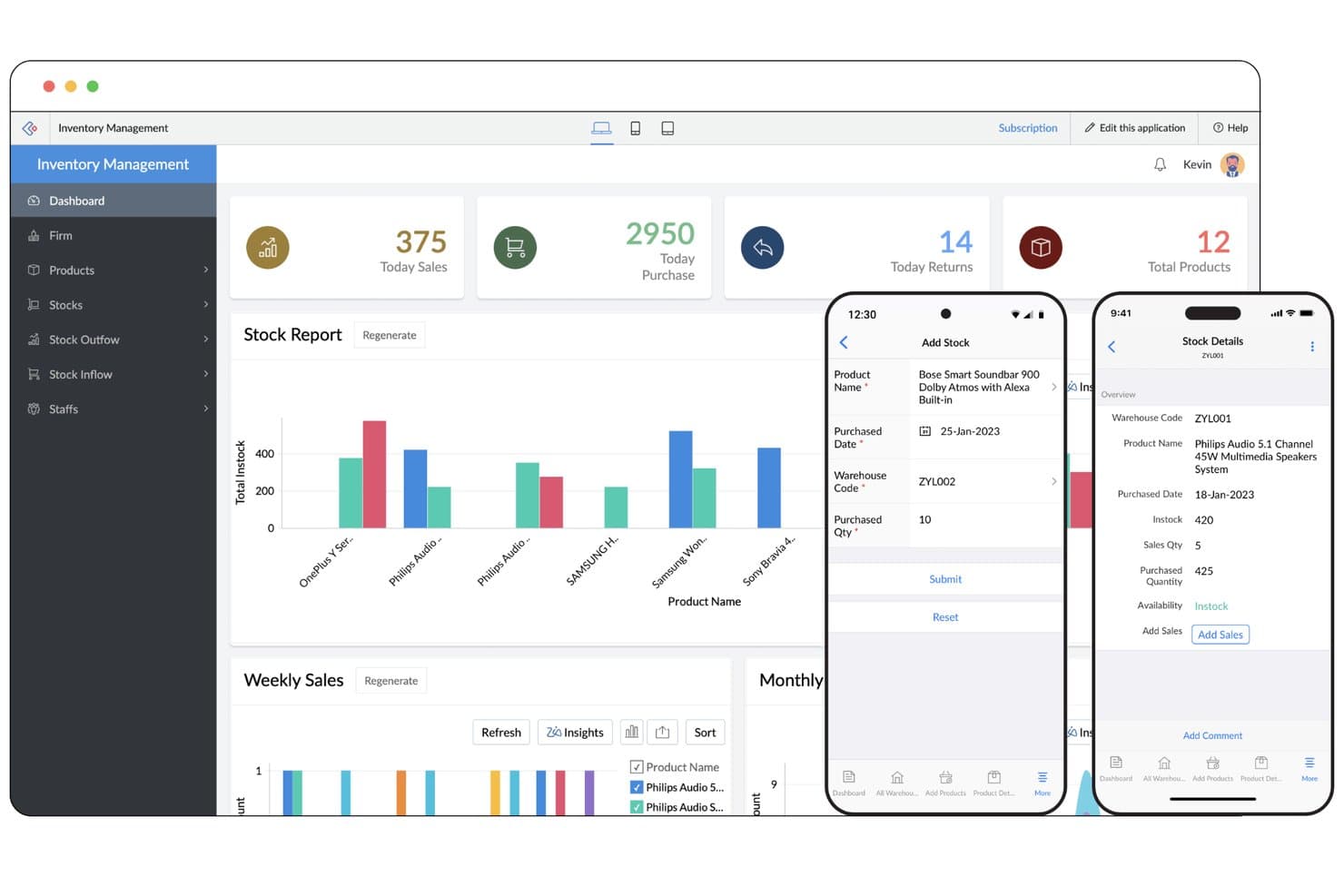 Übersichtsseite zur Bestandsverwaltung in Zoho Creator mit Bestandsdiagrammen und Ansichten der mobilen Anwendung.