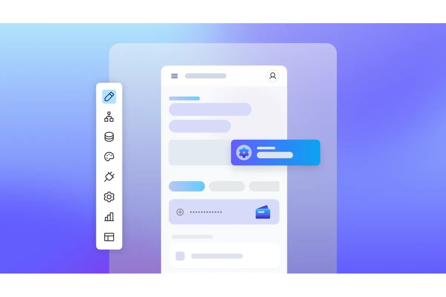 Benutzeroberfläche des Bubble-Anwendungsbaukastens mit Symbolen in der Seitenleiste, Formularfeldern und einem Einstellungs-Popup.