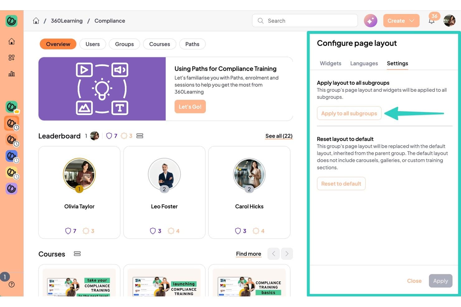 360Learningin sivuasettelun määrityspaneeli, jossa Asetukset-välilehti ja Korosta Käytä kaikissa alaryhmissä -painike.