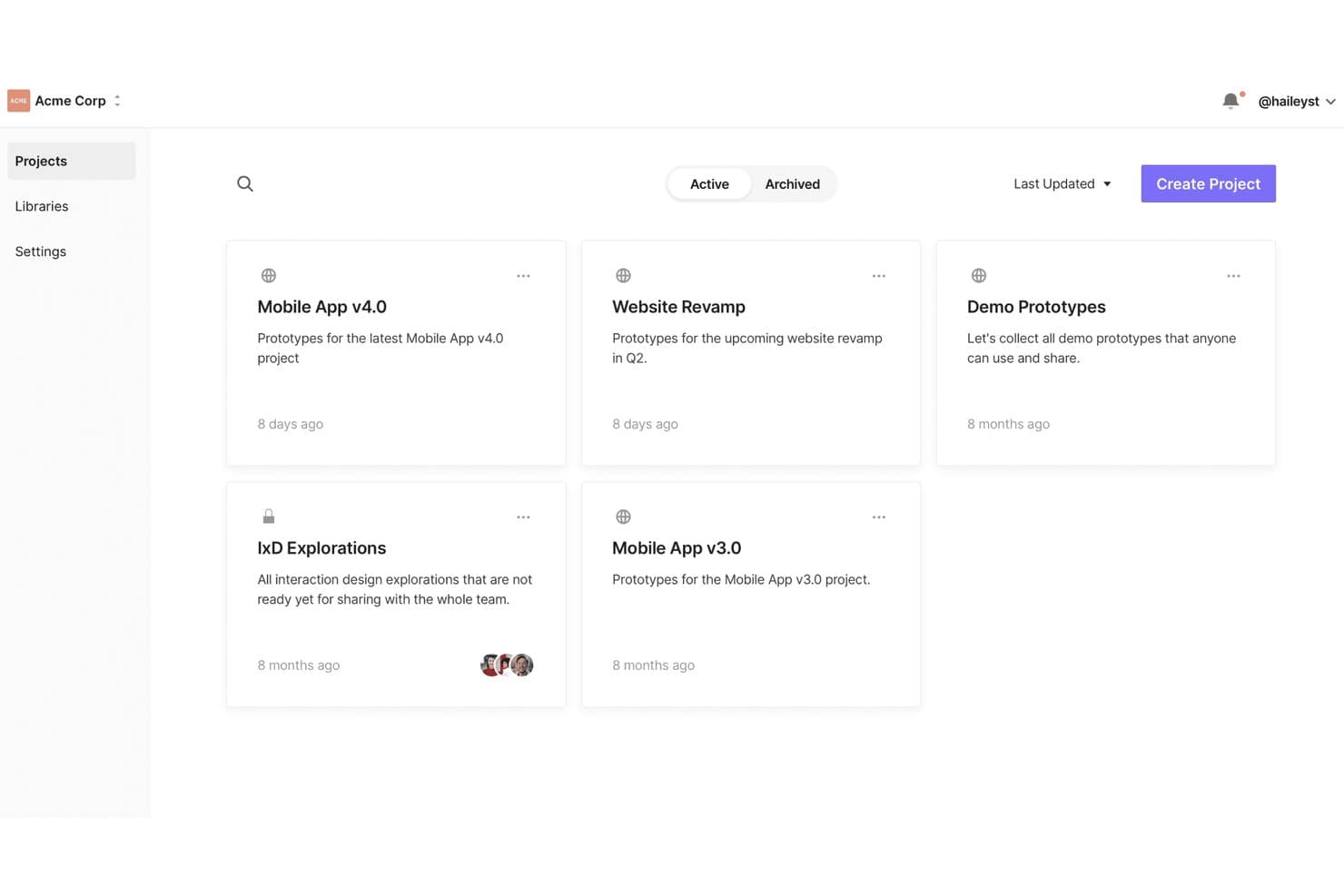 ProtoPie-projektdashboard, der viser fem aktive prototypeprojekter i et gitterlayout.