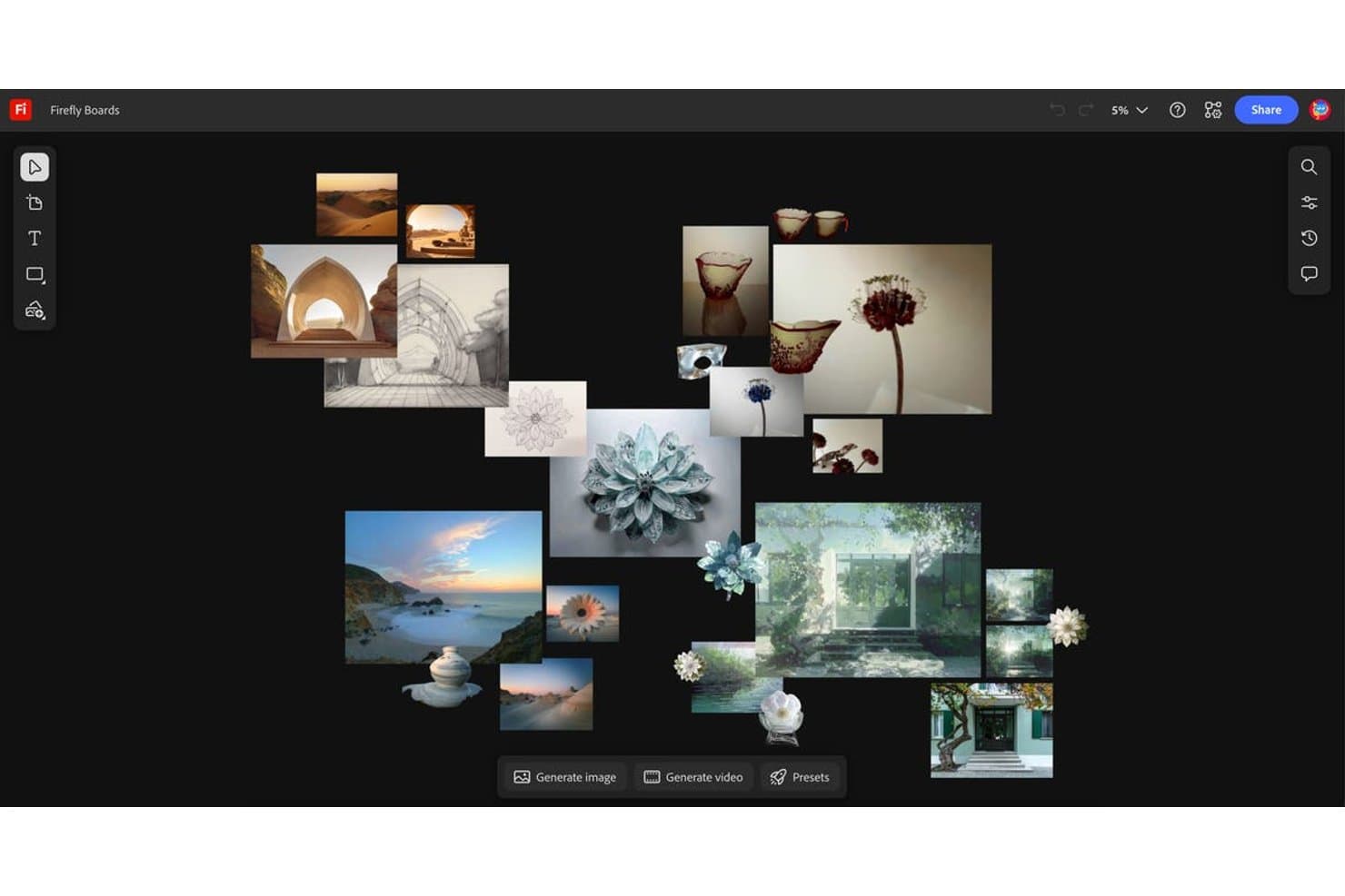 Adobe Firefly Boardsin käyttöliittymä, jossa näkyy tekoälyn luomista luonto-, arkkitehtuuri- ja kukkakuvista koostuva kollaasi.