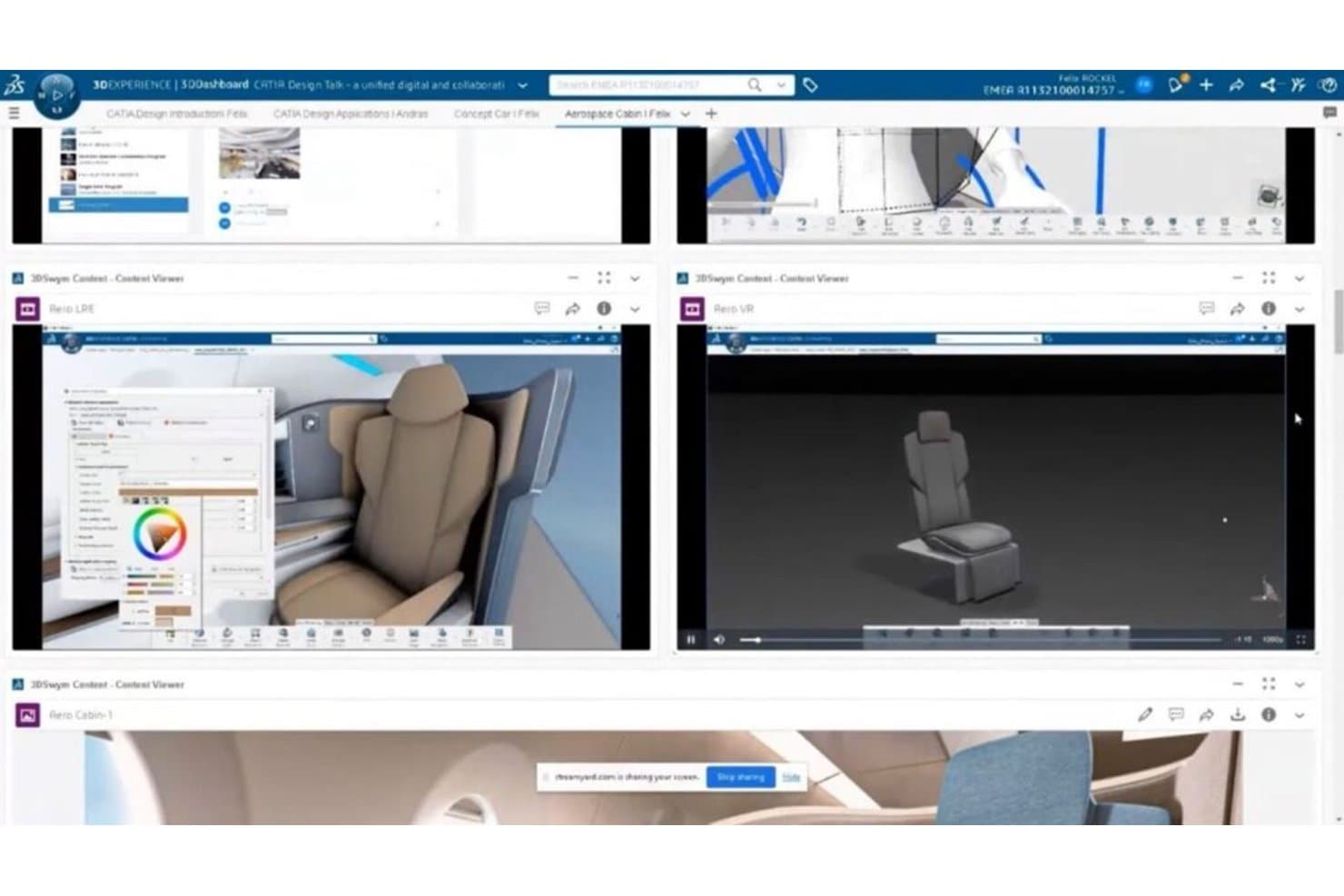 CATIAn koontinäyttö, jossa näkyy useita 3D-näkymiä ilmailun matkustamotilan suunnittelusta ja istuinten mallintamisesta.