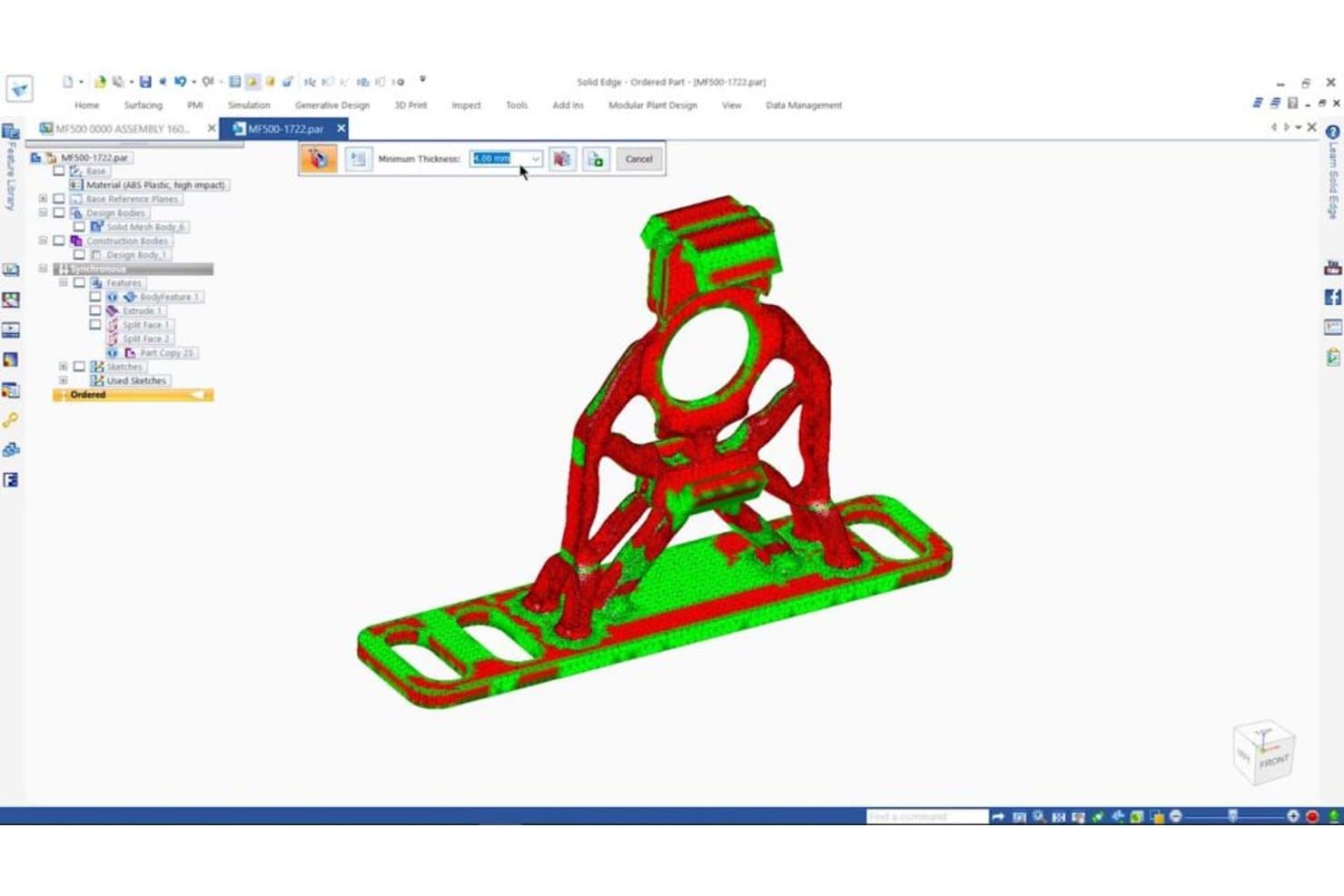 Solid Edgen 3D-osa, jonka näytöllä näkyy punainen ja vihreä paksuusanalyysin peite.