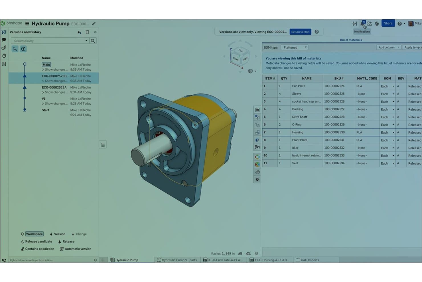 Onshapen hydraulipumpun 3D-malli, jossa näkyvät osaluettelo ja versiohistoriapaneeli.