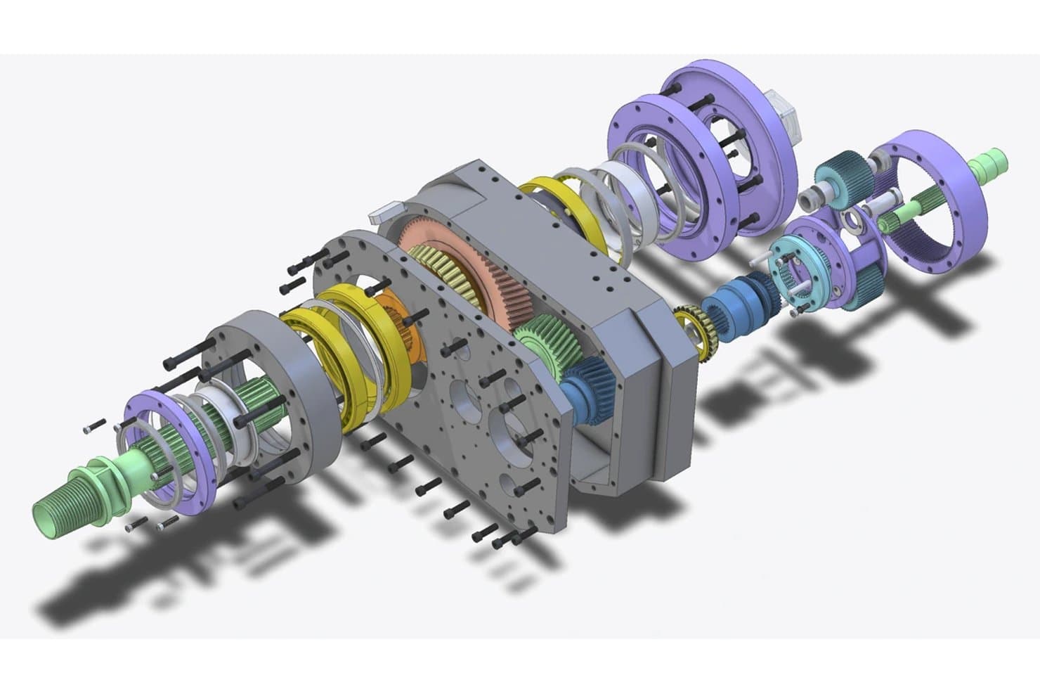 Räjäytetty 3D-CAD-malli vaihdelaatikosta, jossa on värikkäät nimetyt komponentit.