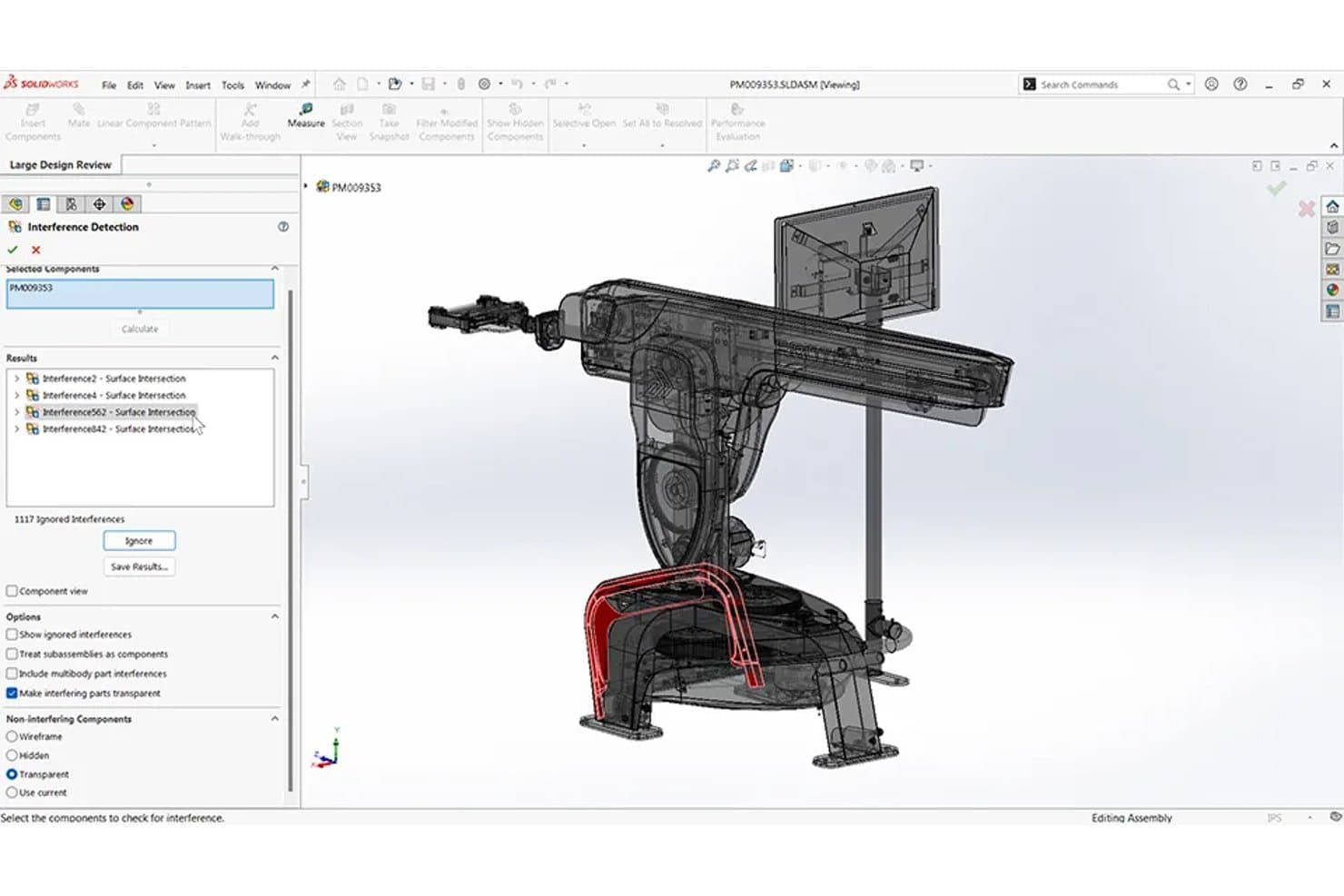 SOLIDWORKSin häiriöiden tunnistuspaneeli, jossa näkyvät 3D-kokoonpanomallin tulokset.