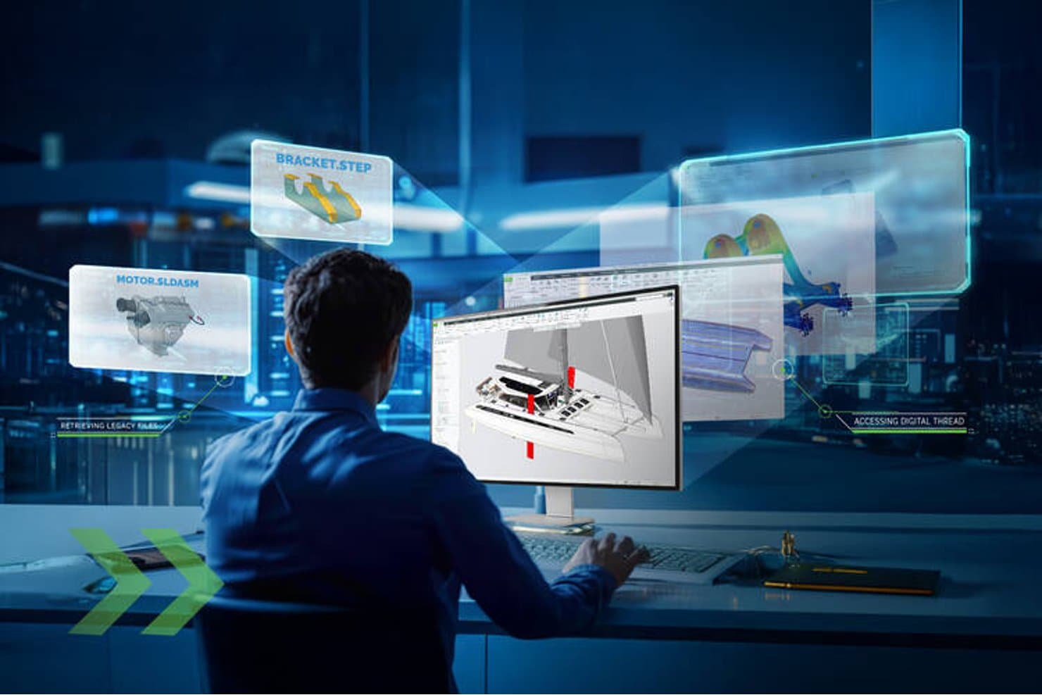 Insinööri tarkastelee 3D-laivamallia CAD-ohjelmistossa, jonka päällä näkyy kelluvia holografisia tiedostopaneeleita.