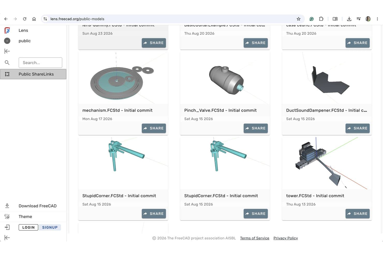FreeCAD Lensin julkisten mallien galleria, jossa näkyy 3D-CAD-mallien pienoiskuvia ja jakamispainikkeita.