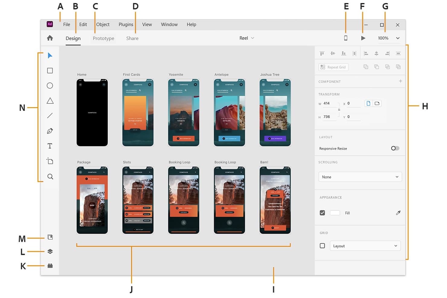 Adobe XD:n työtila, jossa näkyy kymmenen mobiilisovelluksen näyttöä piirtoalueina sekä suunnittelu- ja ominaisuuspaneelit.