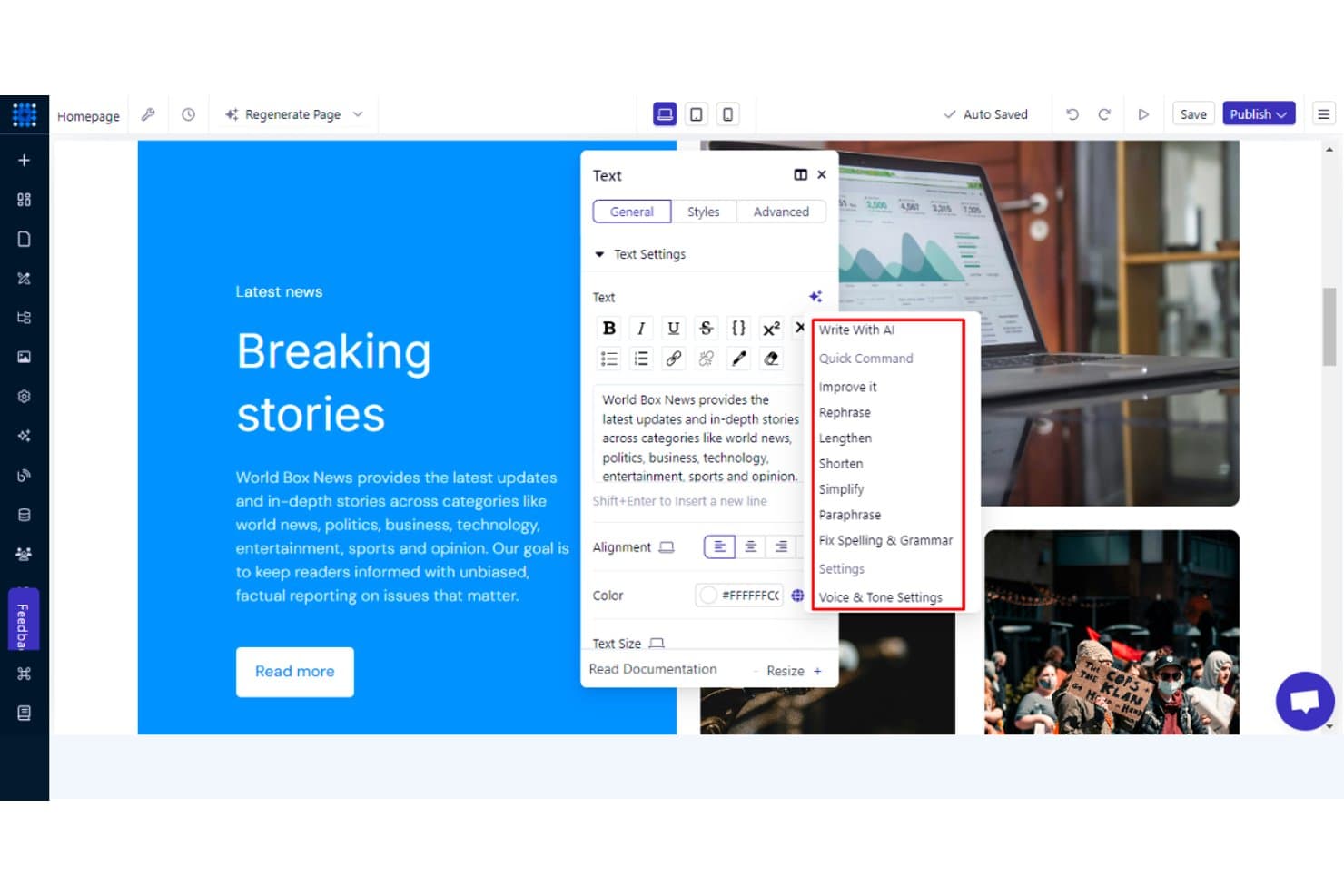 Dorik website builder text editor with AI writing assistant menu open.