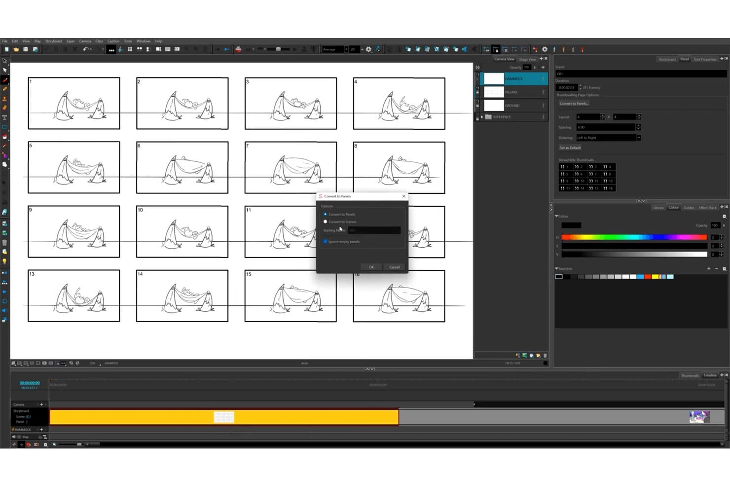 Toon Boom Storyboard Pro, jossa Muunna ruuduiksi -valintaikkuna näkyy kuvakäsikirjoituksen kuvaluonnosruudukon päällä.