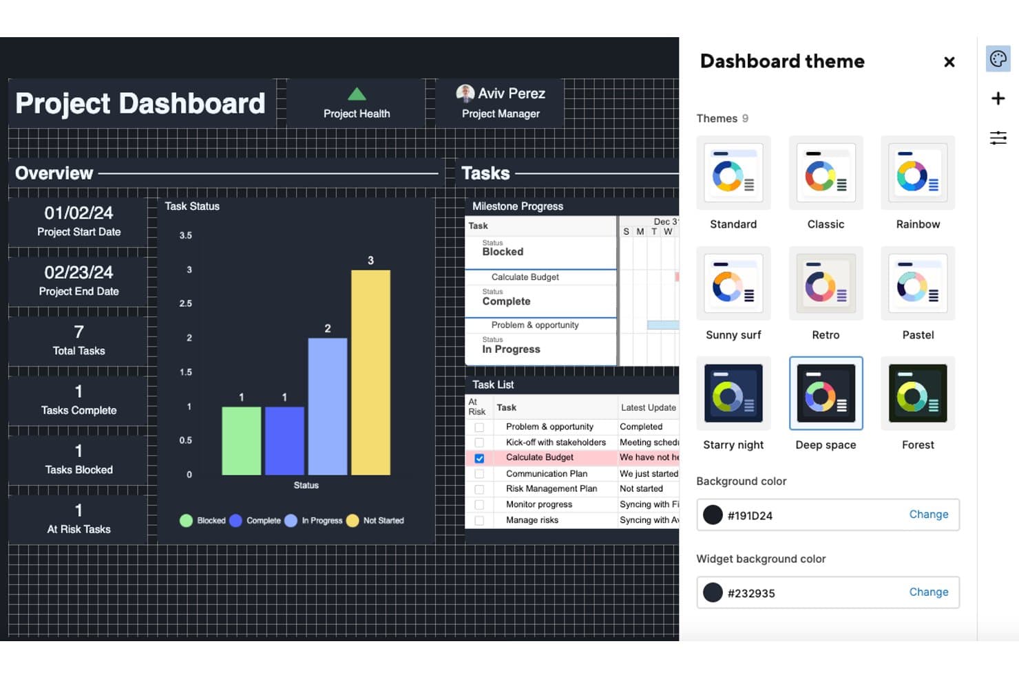 Smartsheet project dashboard with theme panel showing nine color options.