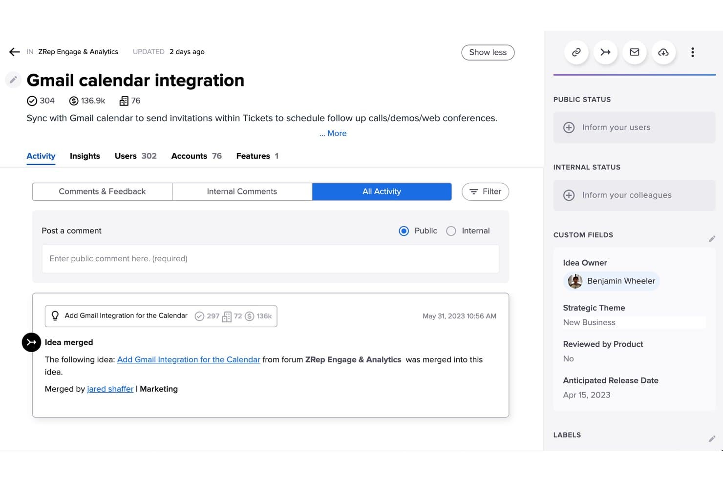 UserVoicen Gmail-kalenteri-integraation ideasivu, jossa näkyvät yhdistetty palaute ja toimintaloki.