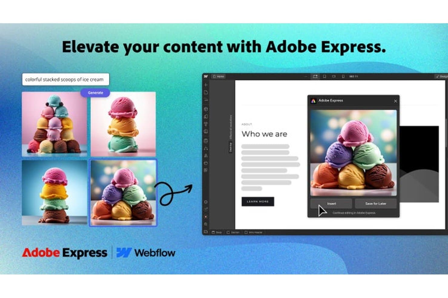 Adobe Express-brugerflade, der viser AI-genererede kugler af is, som er indsat i en webvisualisering.