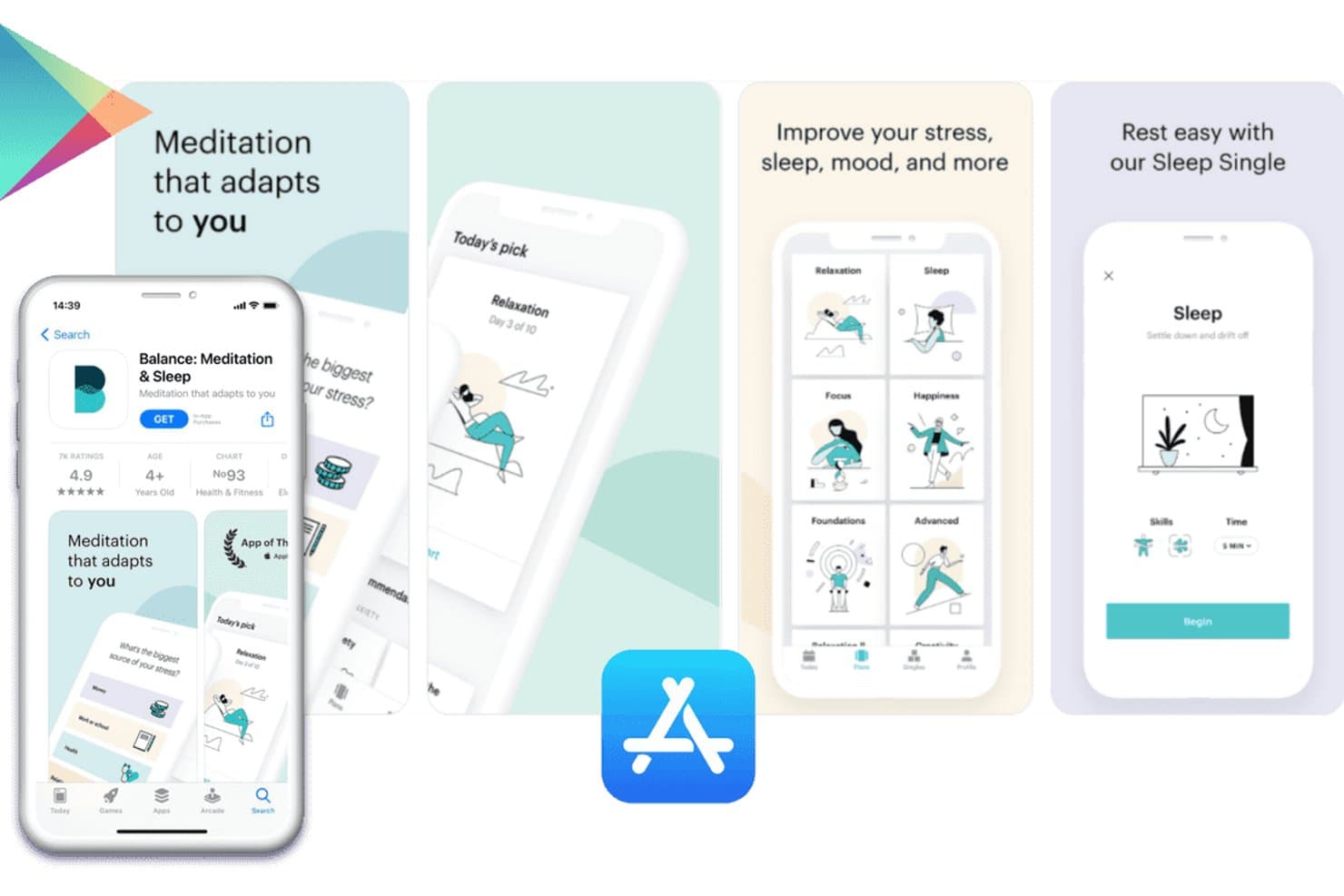 Skærmbilleder af meditationsappen Balance vist på tværs af flere iPhone-mockuprammer.