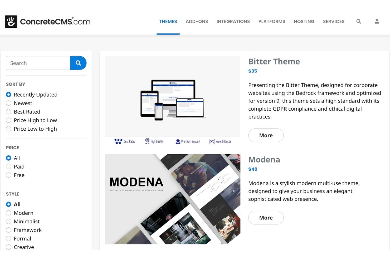Platforma motywów Concrete CMS przedstawiająca dwa płatne motywy z filtrami i opcjami sortowania.