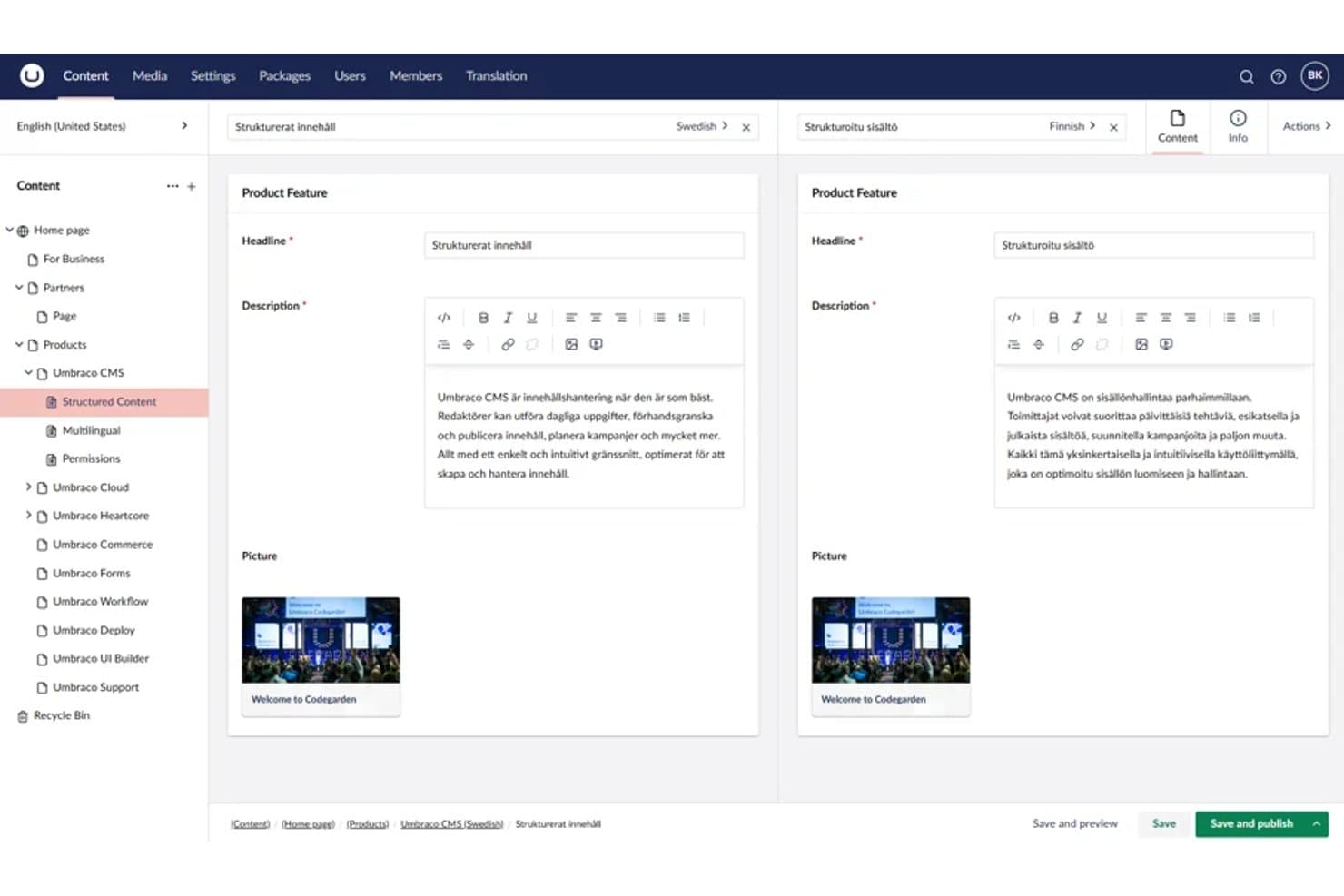 Umbraco CMS:n jaettu näkymä, jossa ruotsin- ja suomenkielisen sisällön muokkauspaneelit näkyvät vierekkäin.