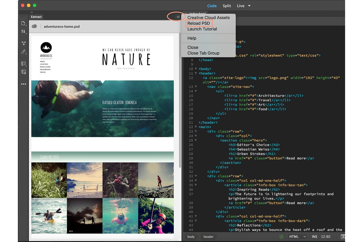 Adobe Dreamweaverin jaettu näkymä, jossa Extract-paneelin Lataa PSD uudelleen -valikkovaihtoehto on korostettuna.