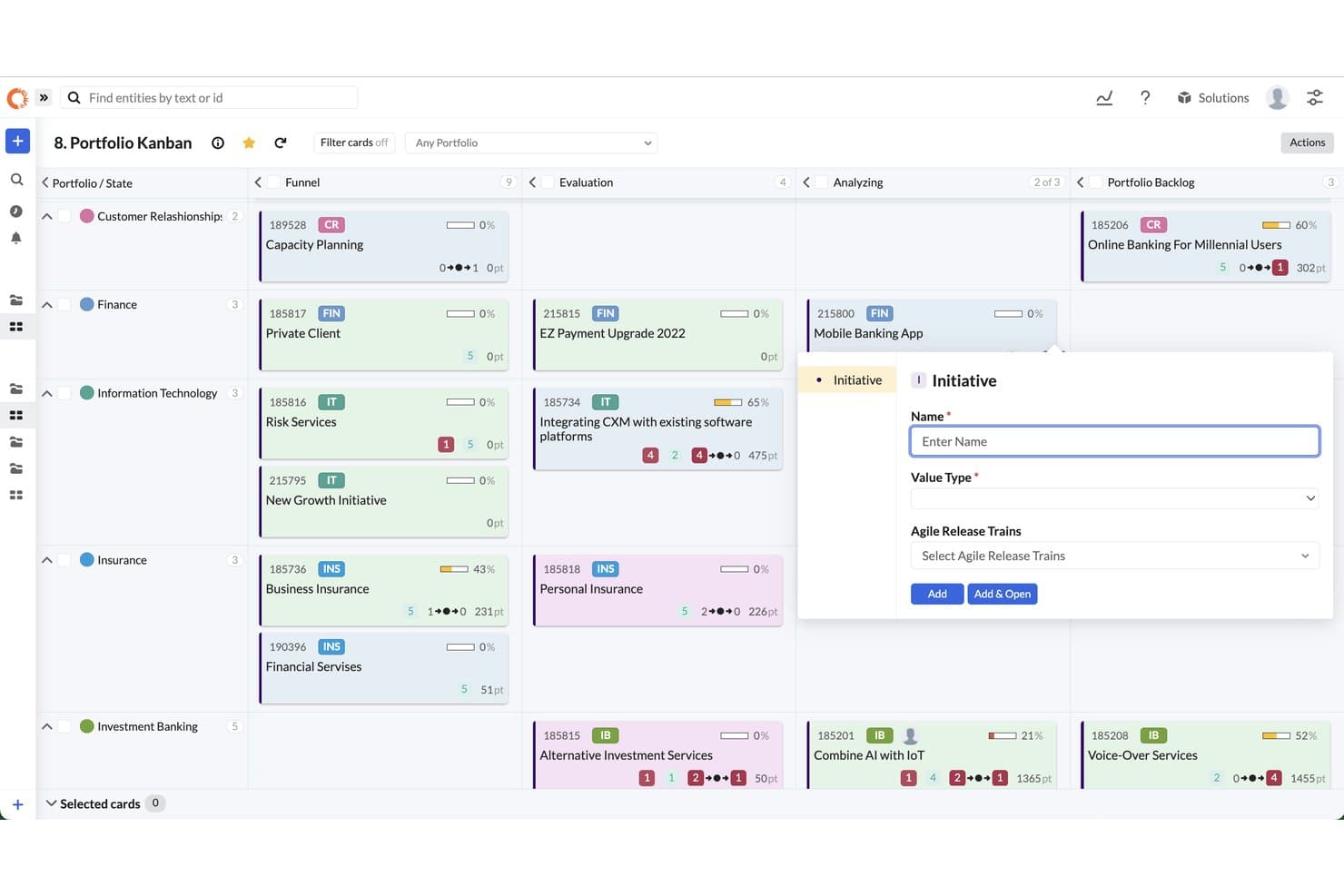 IBM Targetprocess-portefølje-Kanban-tavle med formularen til oprettelse af initiativ åben.