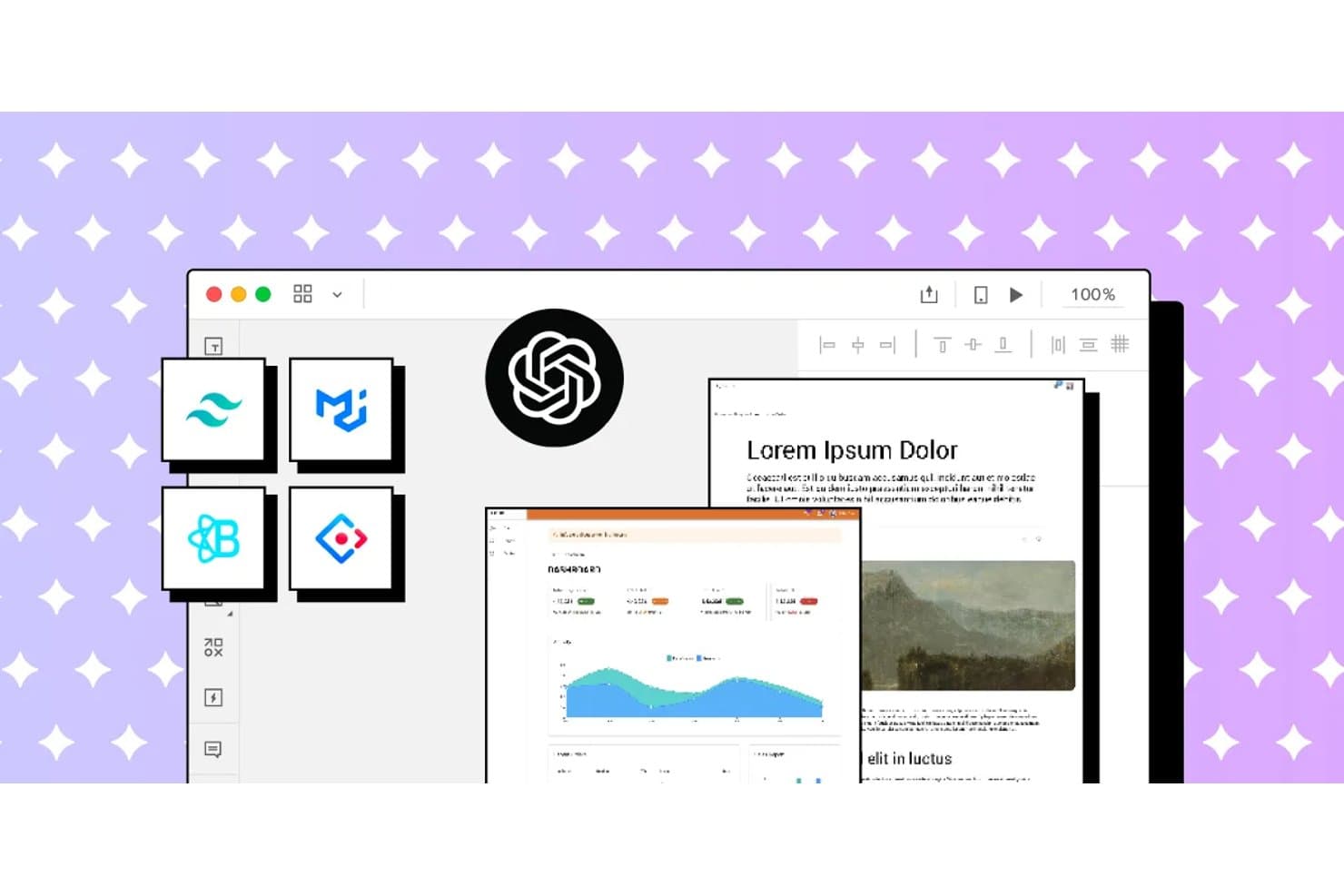 UXPinin käyttöliittymä, jossa näkyvät tekoälyn, Tailwindin, MUI:n ja React Bootstrapin kuvakkeet sekä rautalankamallien esikatselut.