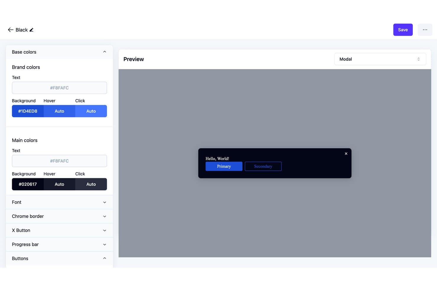 Usertour theme editor showing brand colors, modal preview with primary and secondary buttons.