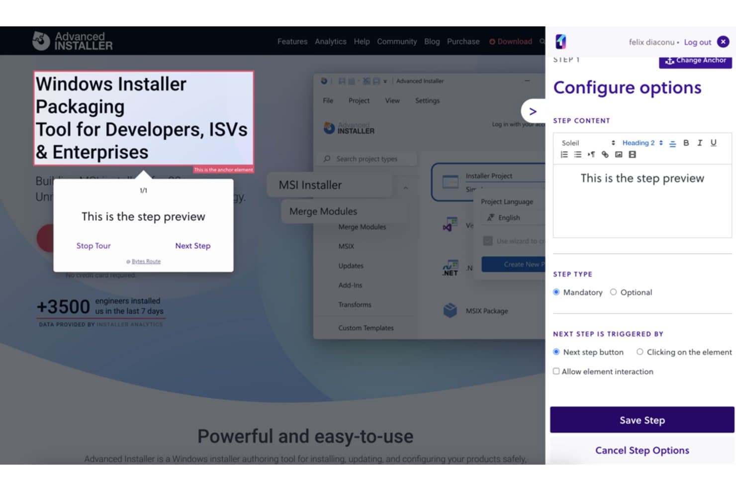 Bytes Route tour builder showing step preview popup and configure options panel.