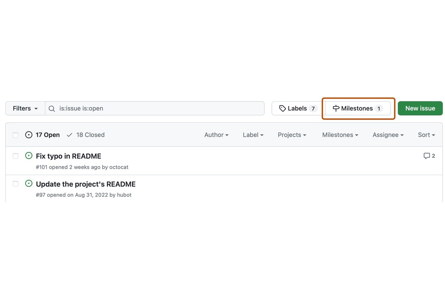 GitHub Issues -luettelo, jossa Virstanpylväät-painike on korostettuna ja jossa näkyy 17 avointa tehtävää.