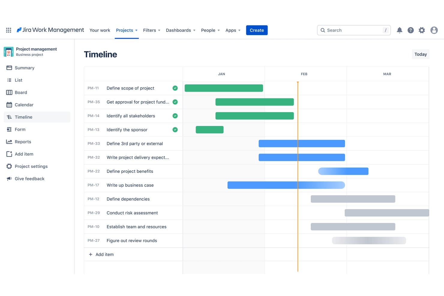 Jira Work Managementin aikajananäkymä, joka näyttää projektin tehtävät tammikuusta maaliskuuhun.